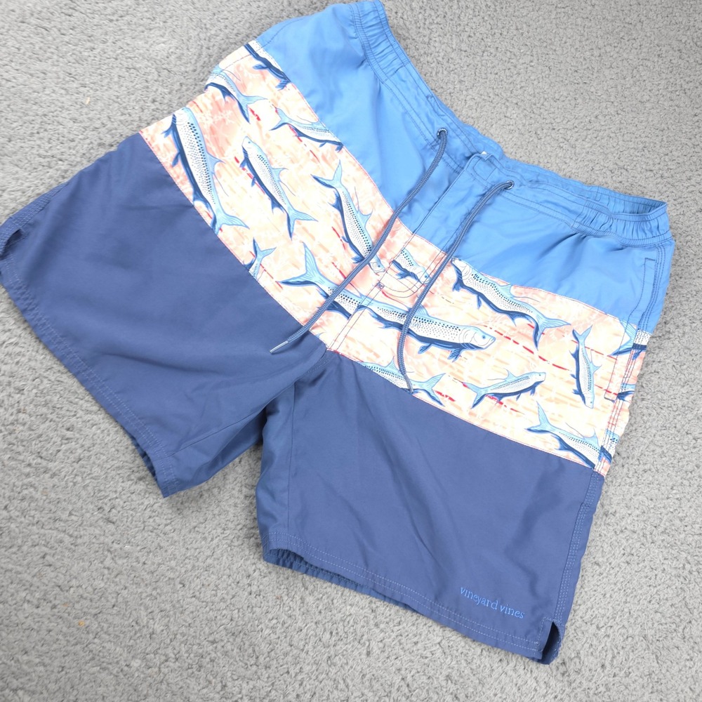 Vineyard Vines Swim Trunks Sharks Print‎ Drawstring Pocket Blue Mens Size L